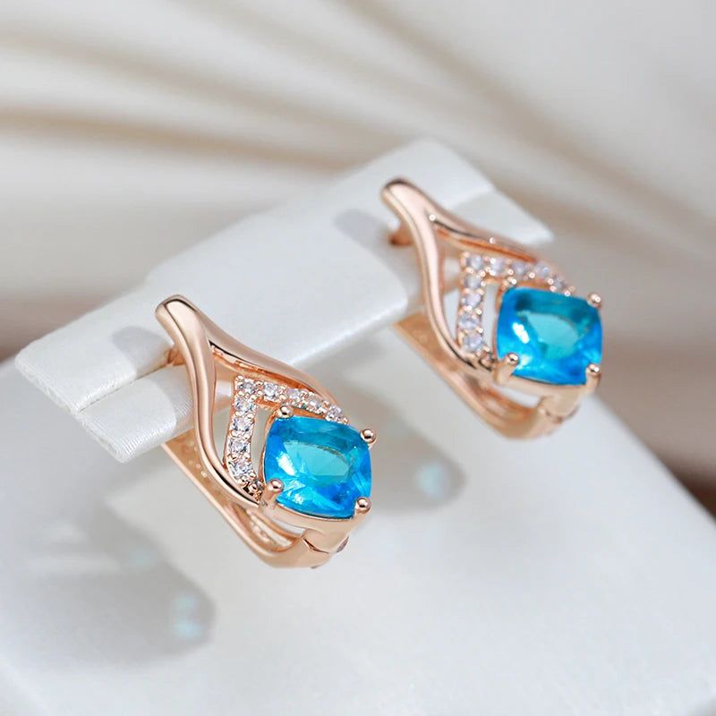 Trendy Rose Gold Drop Earrings with Blue Natural Zircon - Luxury Square Design