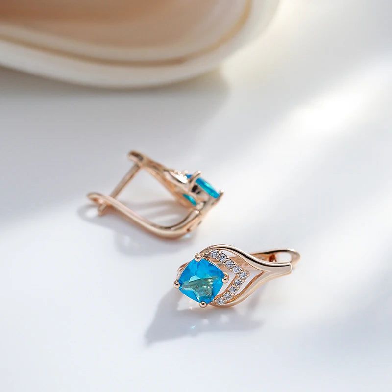 Trendy Rose Gold Drop Earrings with Blue Natural Zircon - Luxury Square Design