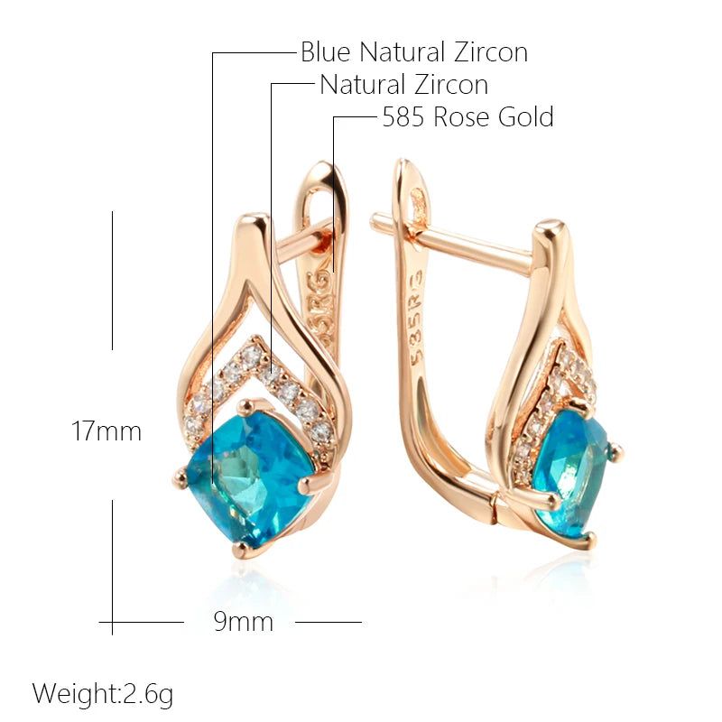 Trendy Rose Gold Drop Earrings with Blue Natural Zircon - Luxury Square Design