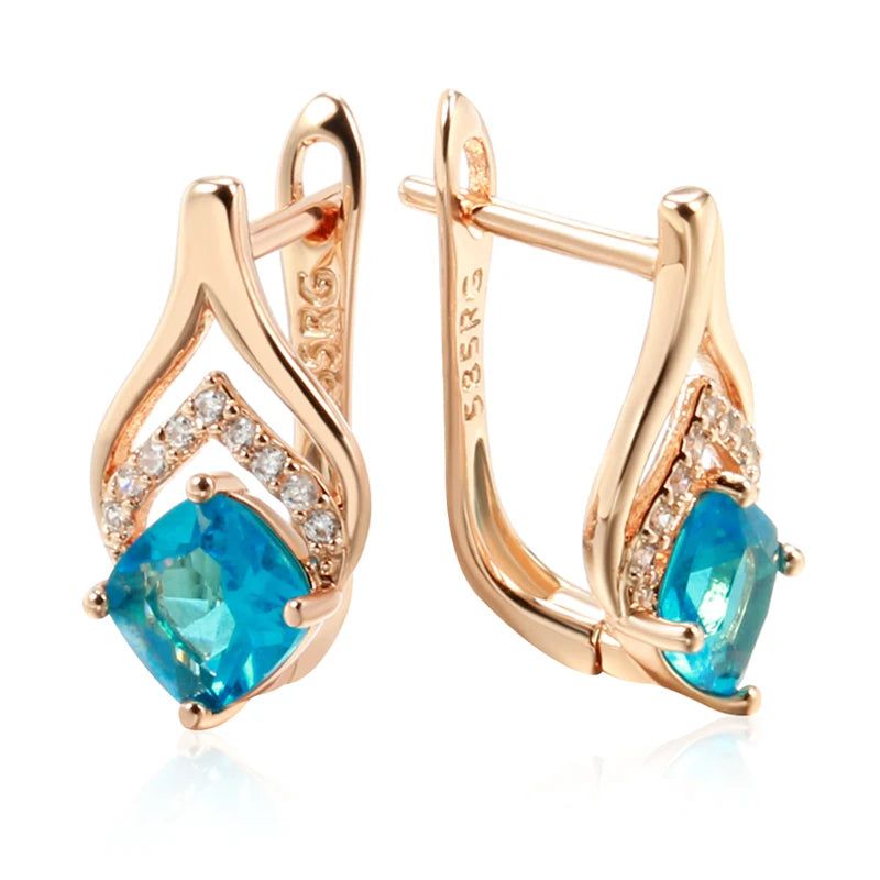 Trendy Rose Gold Drop Earrings with Blue Natural Zircon - Luxury Square Design