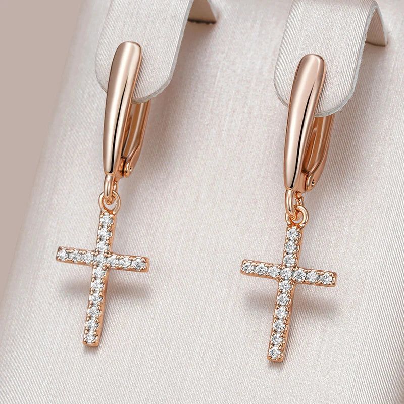 Trendy Rose Gold Faith Cross Drop Earrings with Sparkling Natural Zircon