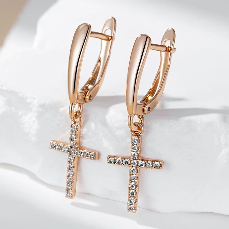 Trendy Rose Gold Faith Cross Drop Earrings with Sparkling Natural Zircon