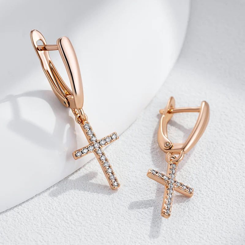 Trendy Rose Gold Faith Cross Drop Earrings with Sparkling Natural Zircon