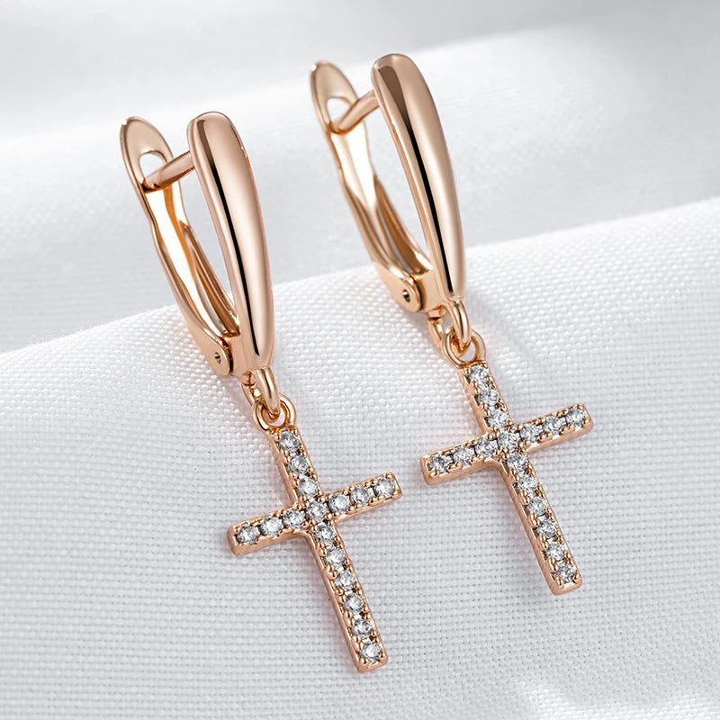 Trendy Rose Gold Faith Cross Drop Earrings with Sparkling Natural Zircon