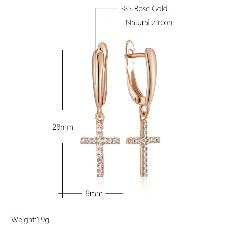 Trendy Rose Gold Faith Cross Drop Earrings with Sparkling Natural Zircon