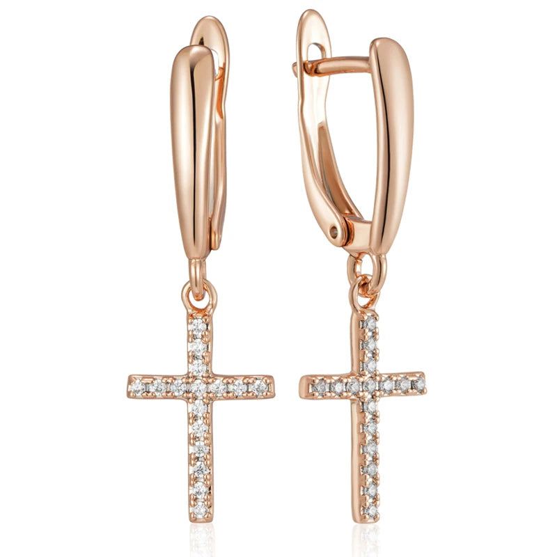 Trendy Rose Gold Faith Cross Drop Earrings with Sparkling Natural Zircon