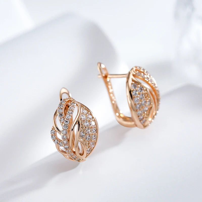 Trendy Rose Gold Filled Leaf Stud Earrings with Clear Natural Zircon Accents