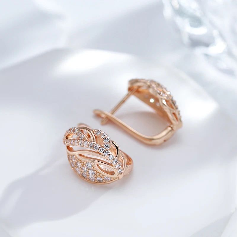 Trendy Rose Gold Filled Leaf Stud Earrings with Clear Natural Zircon Accents