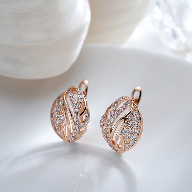 Trendy Rose Gold Filled Leaf Stud Earrings with Clear Natural Zircon Accents