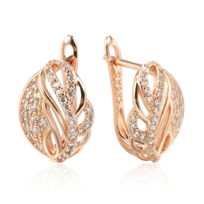 Trendy Rose Gold Filled Leaf Stud Earrings with Clear Natural Zircon Accents