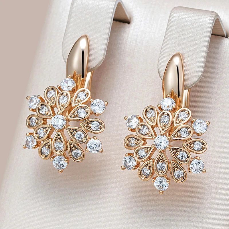 Trendy Rose Gold Floral Crystal Dangle Earrings with Natural Zircon