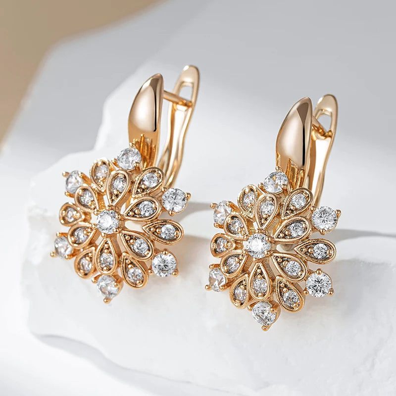 Trendy Rose Gold Floral Crystal Dangle Earrings with Natural Zircon