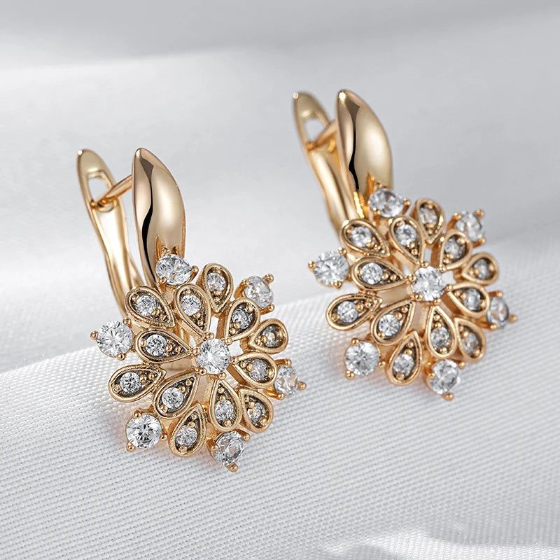 Trendy Rose Gold Floral Crystal Dangle Earrings with Natural Zircon