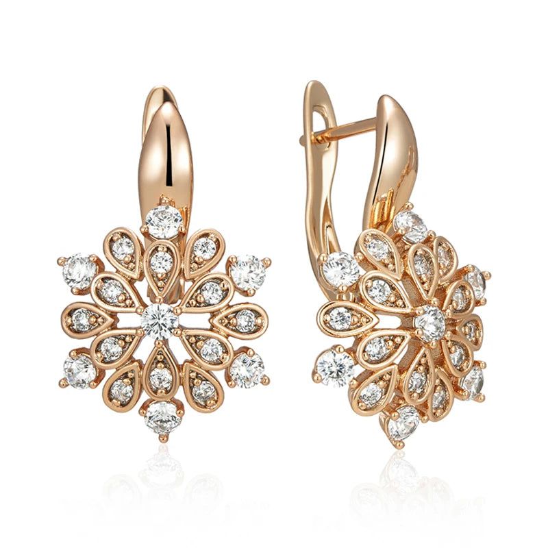 Trendy Rose Gold Floral Crystal Dangle Earrings with Natural Zircon