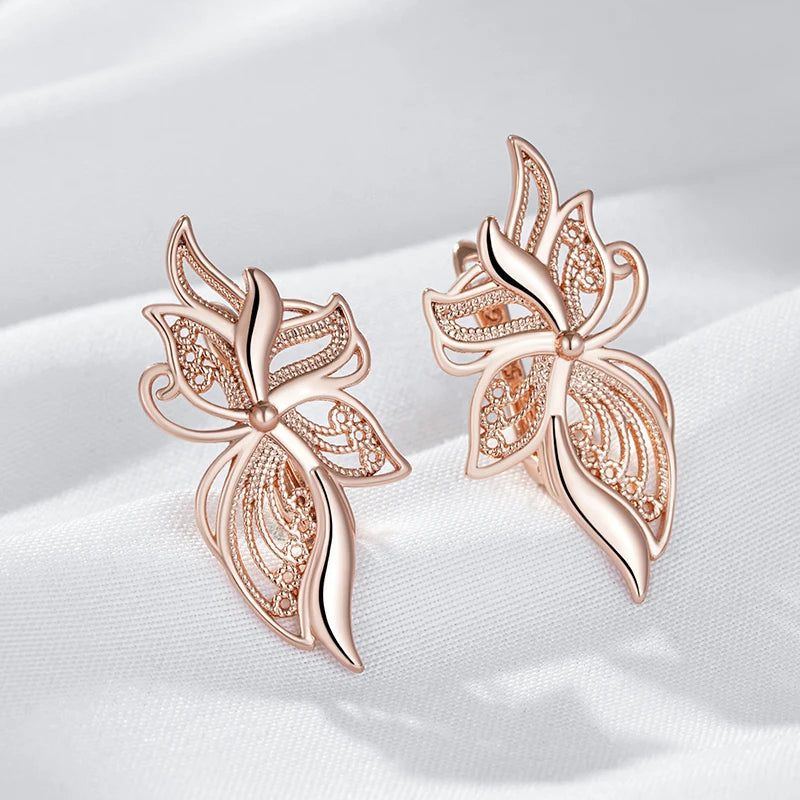 Trendy Rose Gold Floral Dangle Earrings - High-Quality Glossy Jewelry