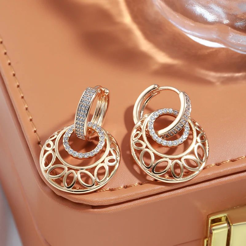 Trendy Rose Gold Floral Dangle Earrings with Natural Zircon Accents