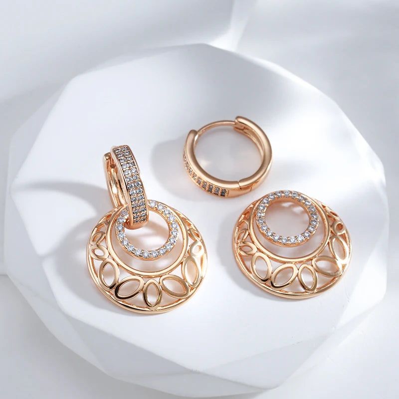 Trendy Rose Gold Floral Dangle Earrings with Natural Zircon Accents