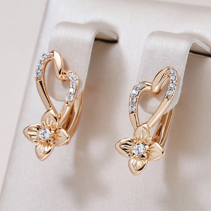 Trendy Rose Gold Floral Drop Earrings with Natural Zircon Crystals