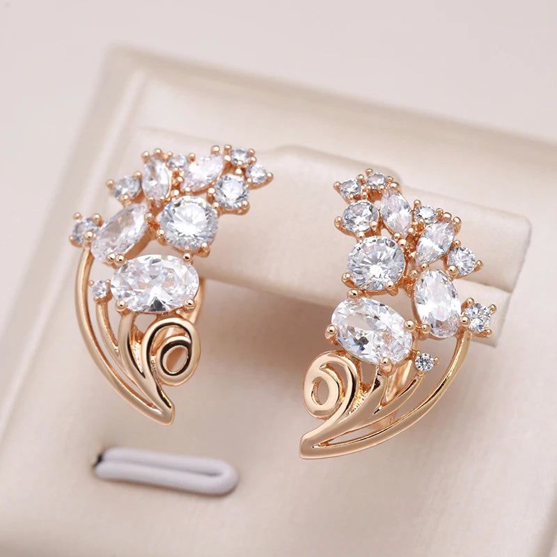 Trendy Rose Gold Floral Drop Earrings with Natural Zircon Crystals