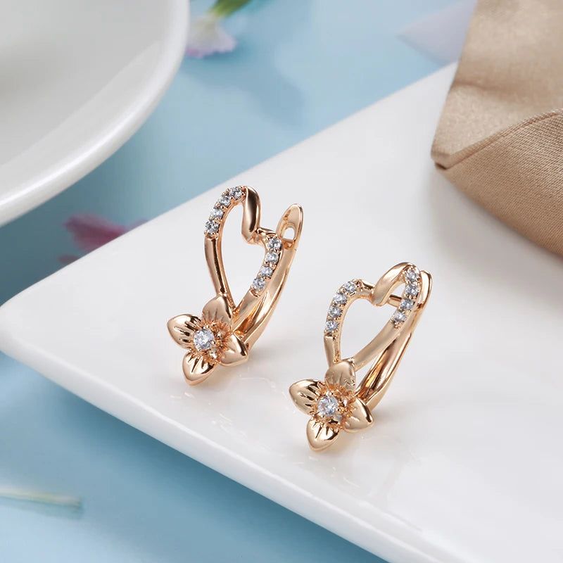 Trendy Rose Gold Floral Drop Earrings with Natural Zircon Crystals