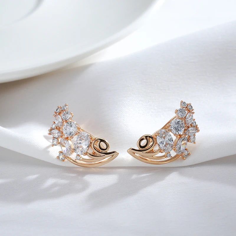 Trendy Rose Gold Floral Drop Earrings with Natural Zircon Crystals