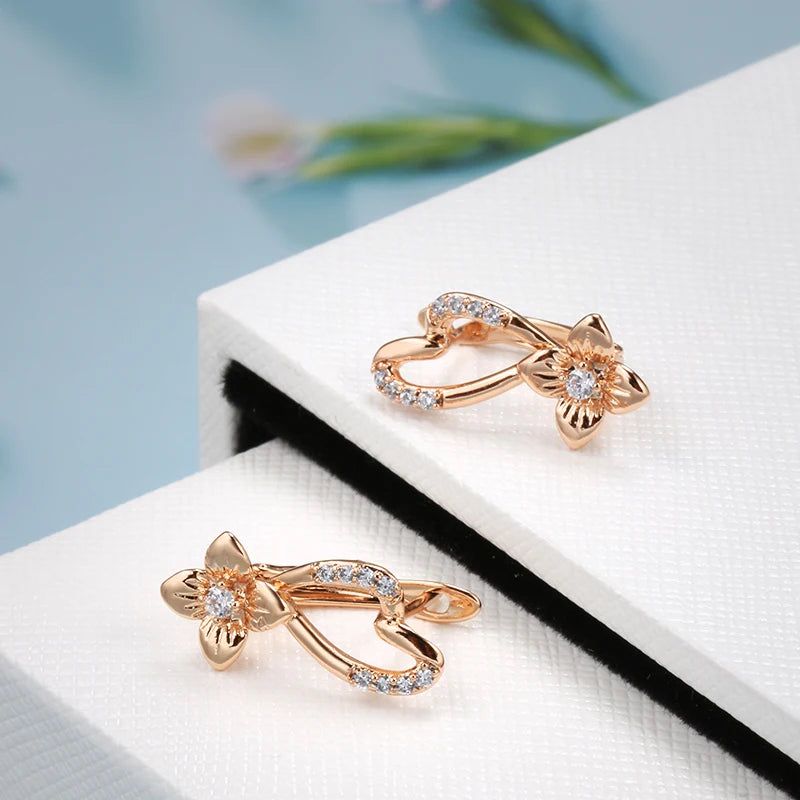 Trendy Rose Gold Floral Drop Earrings with Natural Zircon Crystals