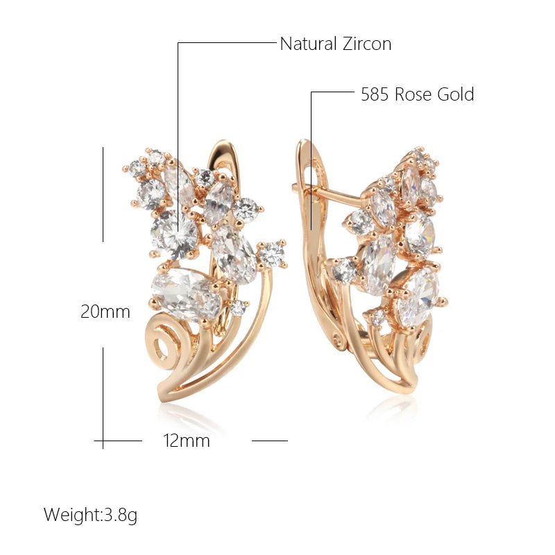 Trendy Rose Gold Floral Drop Earrings with Natural Zircon Crystals