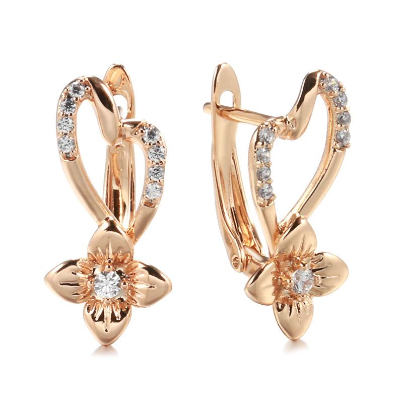 Trendy Rose Gold Floral Drop Earrings with Natural Zircon Crystals