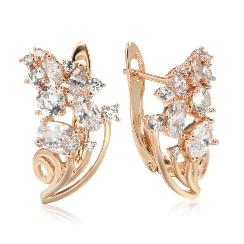 Trendy Rose Gold Floral Drop Earrings with Natural Zircon Crystals