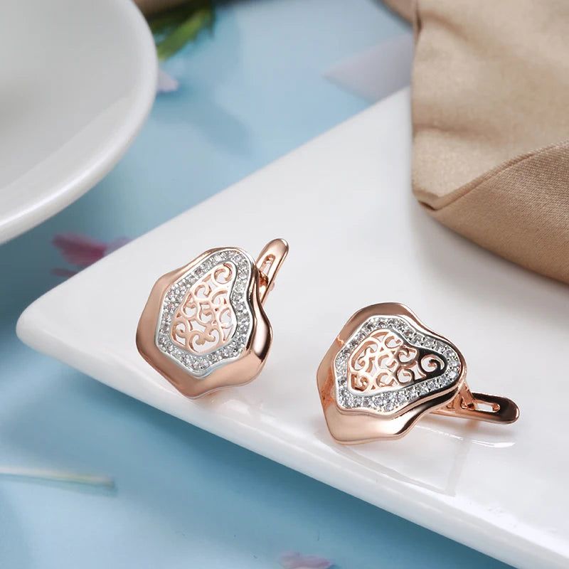 Trendy Rose Gold Floral Drop Earrings with Natural Zircon Stones