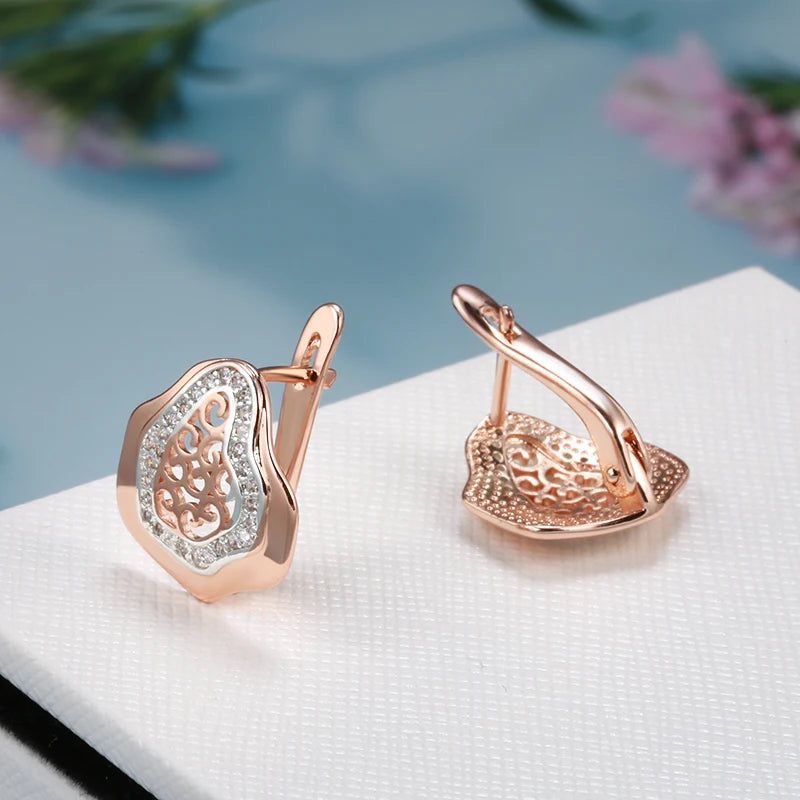 Trendy Rose Gold Floral Drop Earrings with Natural Zircon Stones