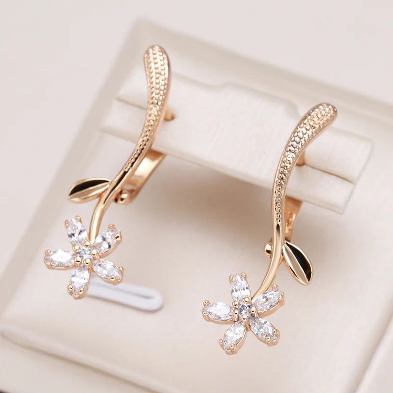 Trendy Rose Gold Floral Drop Earrings with Natural Zircon for Bridal and Special Occasions