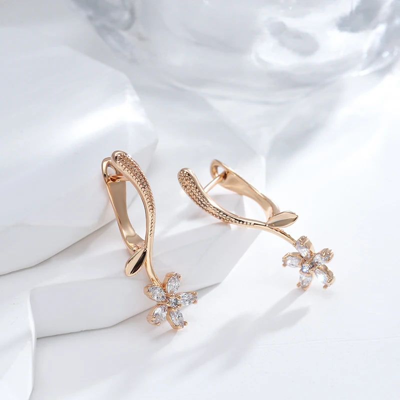 Trendy Rose Gold Floral Drop Earrings with Natural Zircon for Bridal and Special Occasions