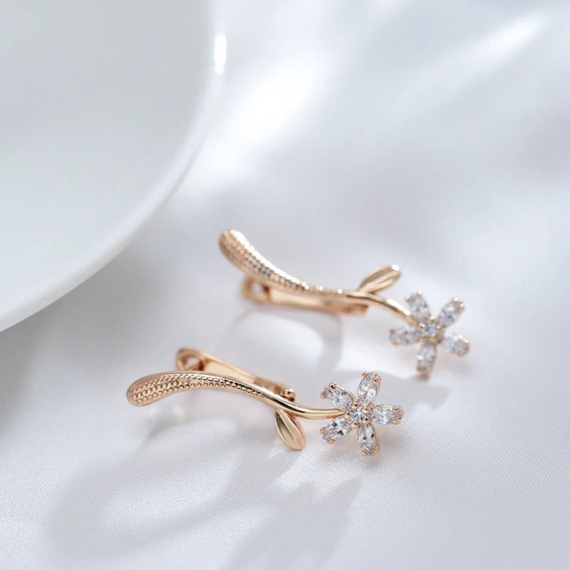 Trendy Rose Gold Floral Drop Earrings with Natural Zircon for Bridal and Special Occasions