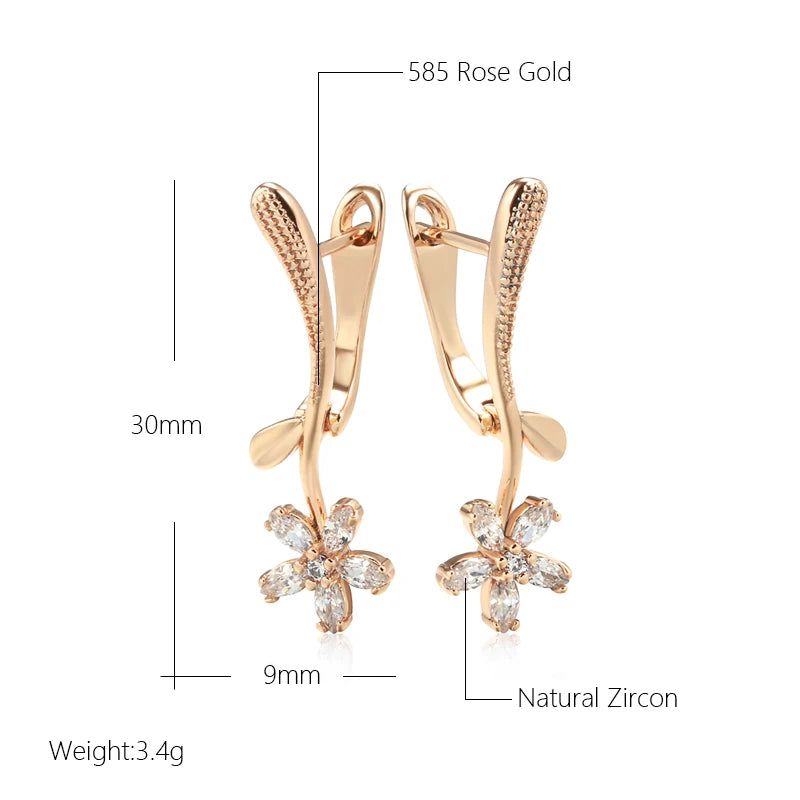 Trendy Rose Gold Floral Drop Earrings with Natural Zircon for Bridal and Special Occasions