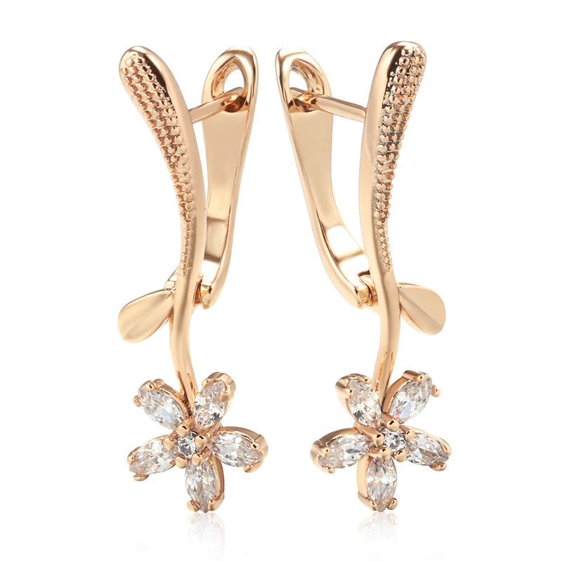 Trendy Rose Gold Floral Drop Earrings with Natural Zircon for Bridal and Special Occasions