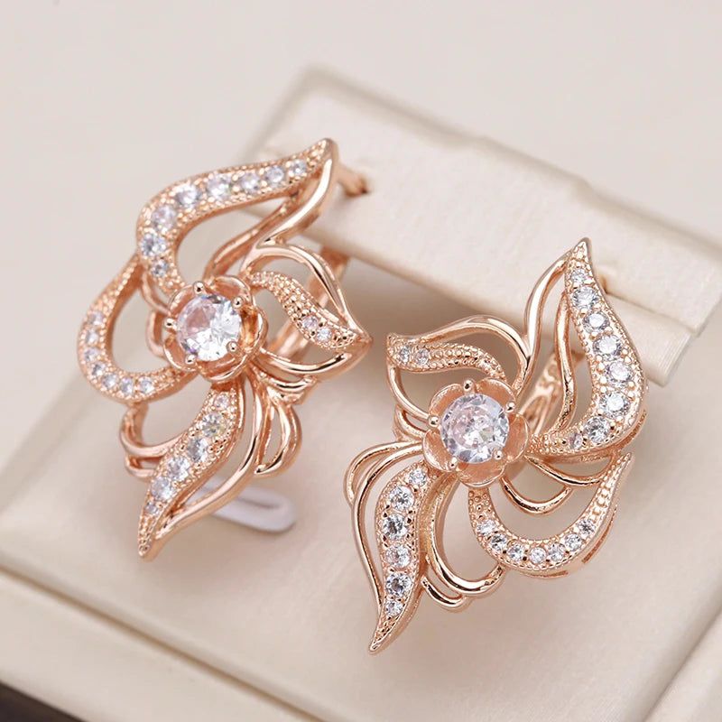 Trendy Rose Gold Floral Earrings with Natural Zircon Crystal and Micro-Wax Inlay for Brides