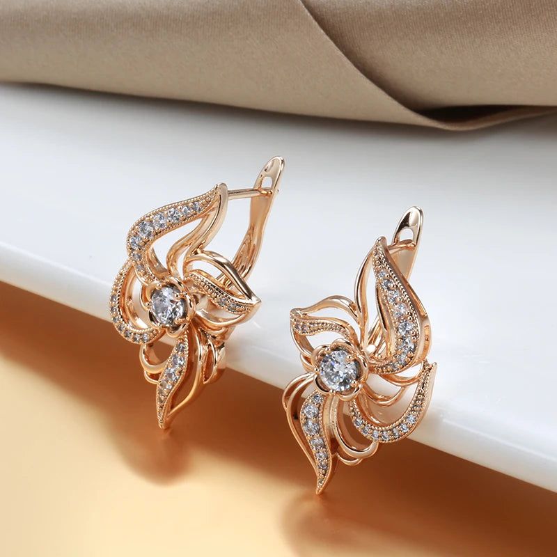 Trendy Rose Gold Floral Earrings with Natural Zircon Crystal and Micro-Wax Inlay for Brides