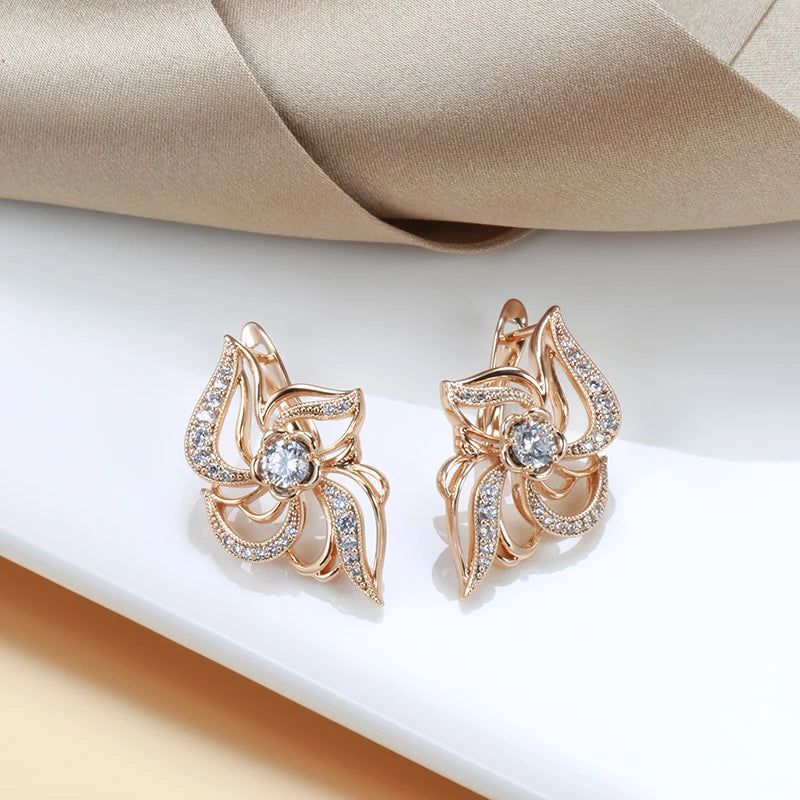 Trendy Rose Gold Floral Earrings with Natural Zircon Crystal and Micro-Wax Inlay for Brides