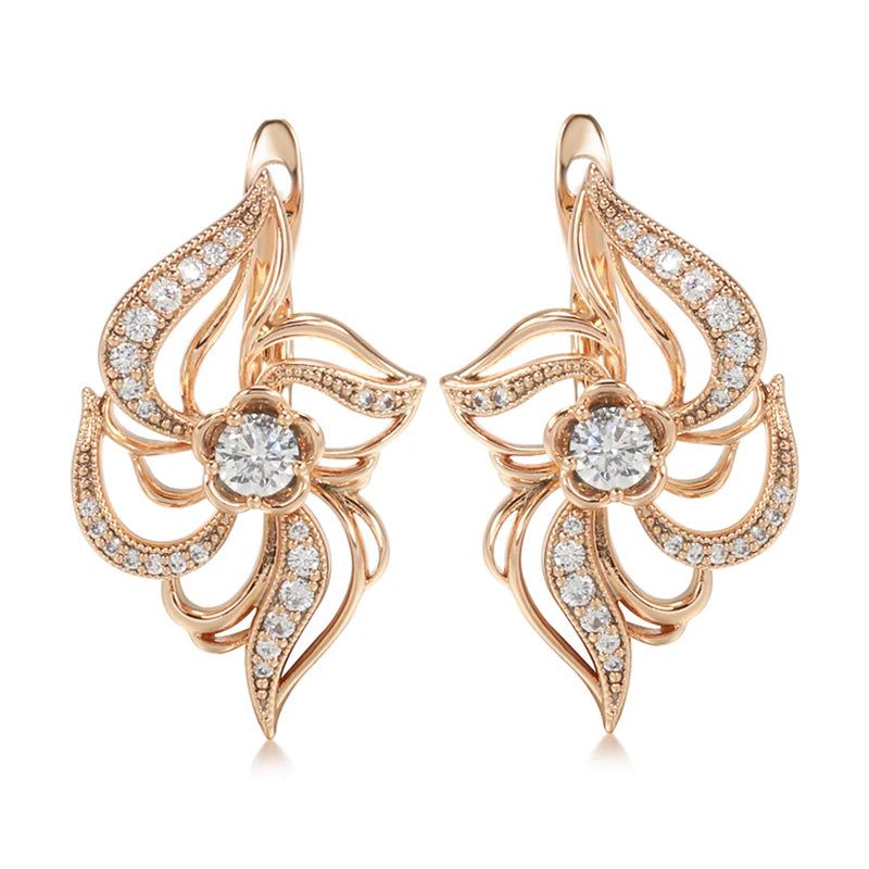 Trendy Rose Gold Floral Earrings with Natural Zircon Crystal and Micro-Wax Inlay for Brides