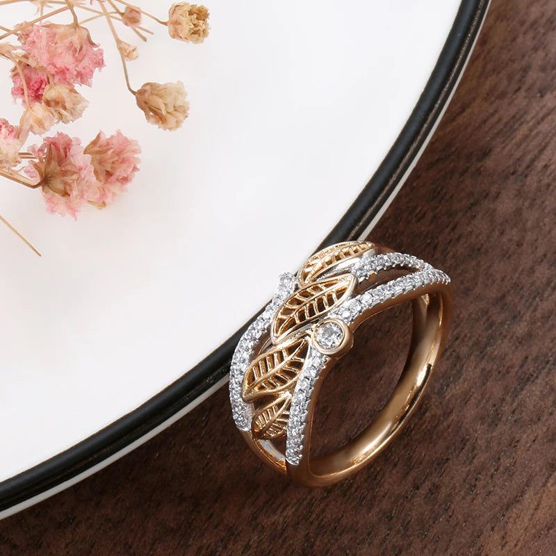 Trendy Rose Gold Floral Zircon Cocktail Ring - 585 Micro-Wax Inlay Jewelry