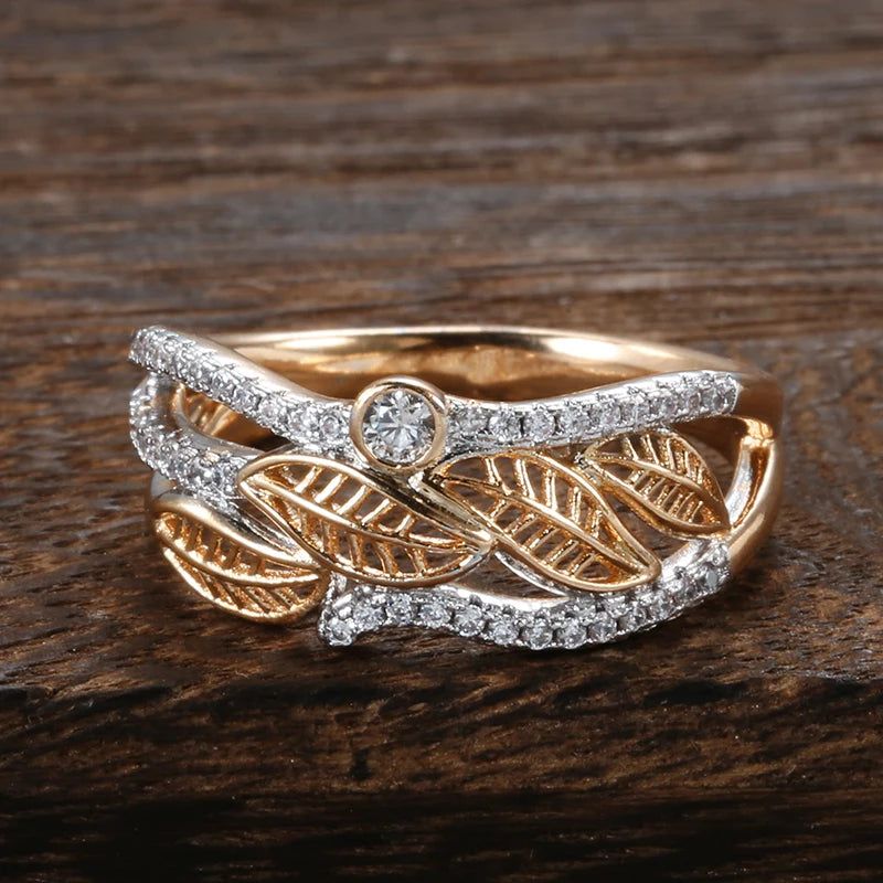 Trendy Rose Gold Floral Zircon Cocktail Ring - 585 Micro-Wax Inlay Jewelry