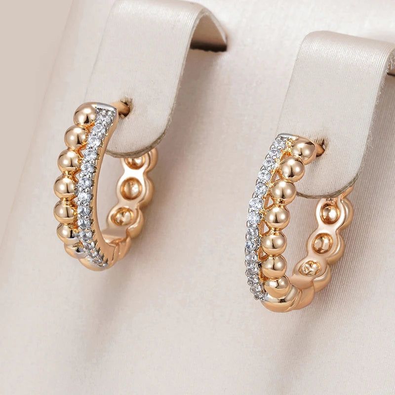 Trendy Rose Gold and Silver Zircon Hoop Earrings with Glossy Beads