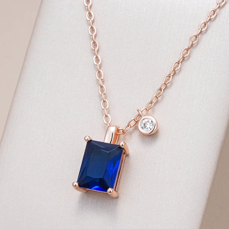 Trendy Square Blue Zircon Pendant Necklace in 585 Rose Gold Finish