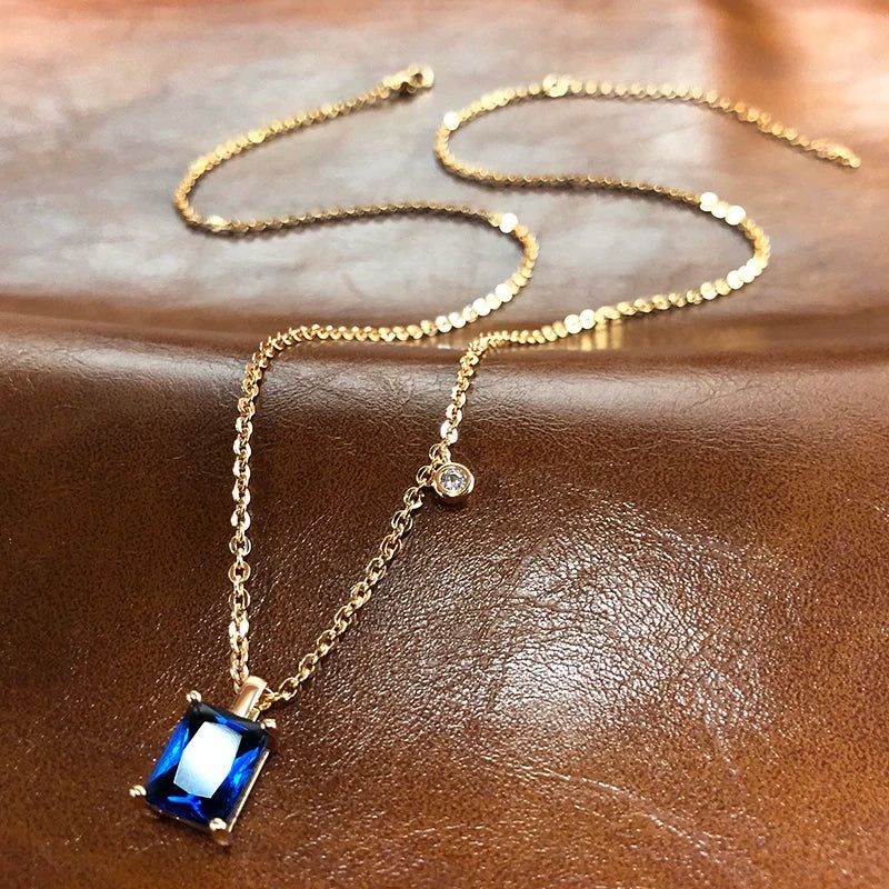 Trendy Square Blue Zircon Pendant Necklace in 585 Rose Gold Finish