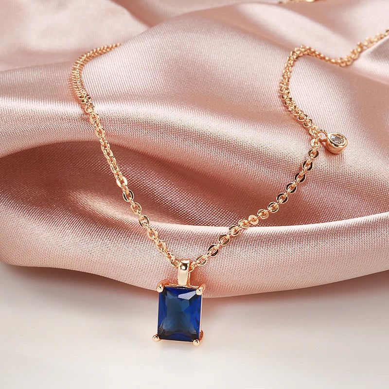 Trendy Square Blue Zircon Pendant Necklace in 585 Rose Gold Finish