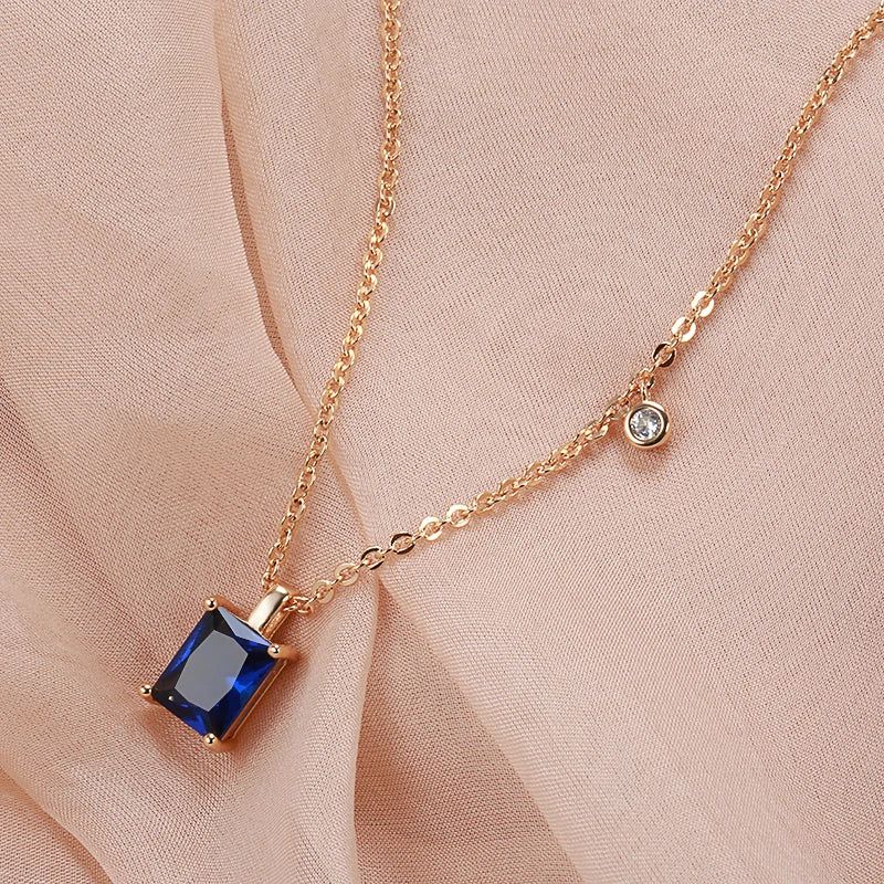 Trendy Square Blue Zircon Pendant Necklace in 585 Rose Gold Finish