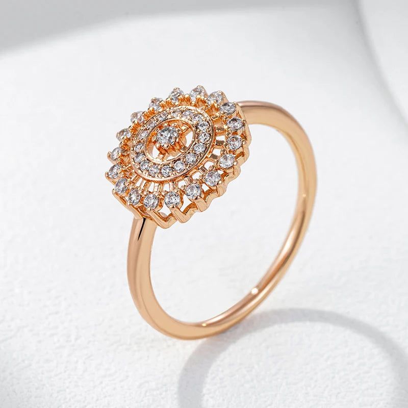 Trendy Vintage 585 Rose Gold Crystal Flower Cocktail Ring with Natural Zircon