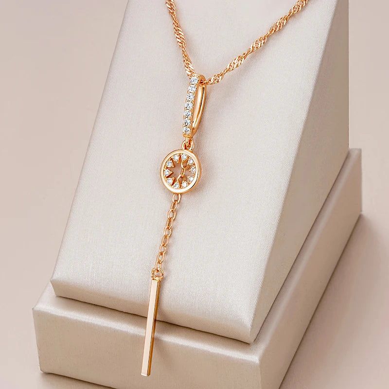 Trendy Water Wave Chain Necklace with Hollow Pendant and Natural Zircon in 585 Gold Color