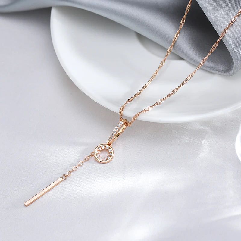 Trendy Water Wave Chain Necklace with Hollow Pendant and Natural Zircon in 585 Gold Color